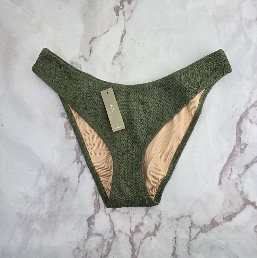 J Crew Swim Bottom Green Curved Waist Textured Bikini Mid High Cut Cheeky BC050
